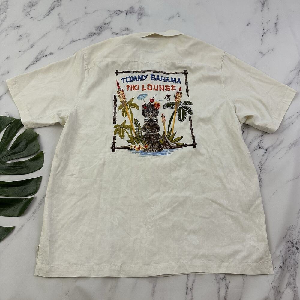 Tommy Bahama Tiki Lounge Embroidered Hawaiian Shirt Size L Cream Silk Tropical - Picture 1 of 13
